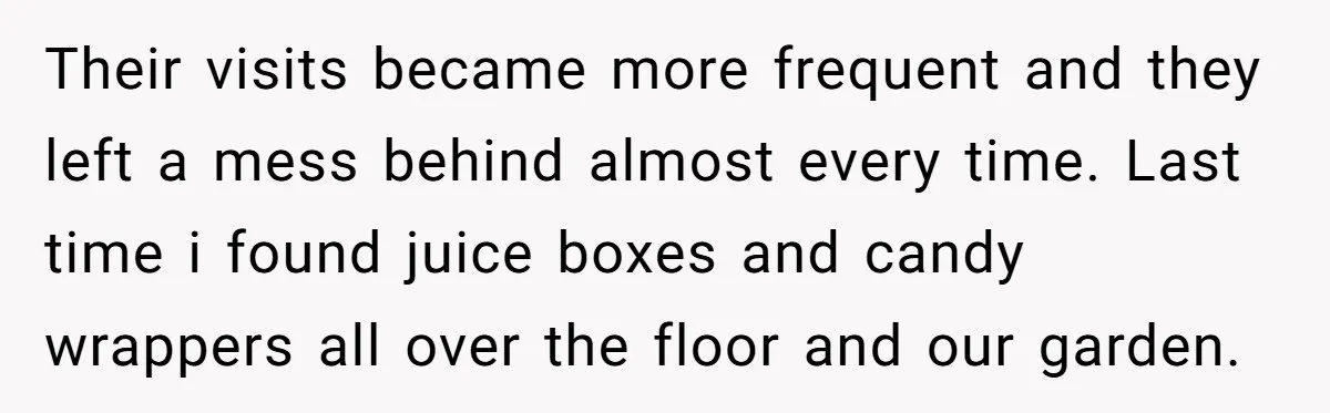 Their visits became more frequent and they left a mess behind almost every time. Last time i found juice boxes and candy wrappers all over the floor and our garden.