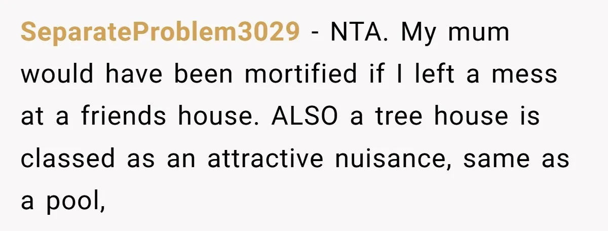 SeparateProblem3029 − NTA. My mum would have been mortified if I left a mess at a friends house. ALSO a tree house is classed as an attractive nuisance, same as...