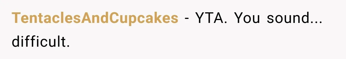 TentaclesAndCupcakes − YTA. You sound... difficult.