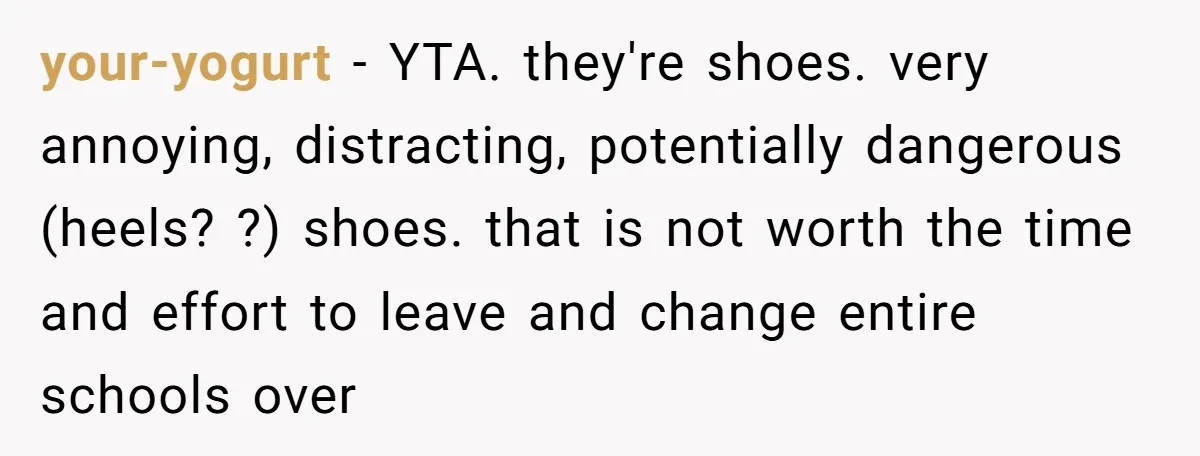 your-yogurt − YTA. they're shoes. very annoying, distracting, potentially dangerous (heels? ?) shoes. that is not worth the time and effort to leave and change entire schools over