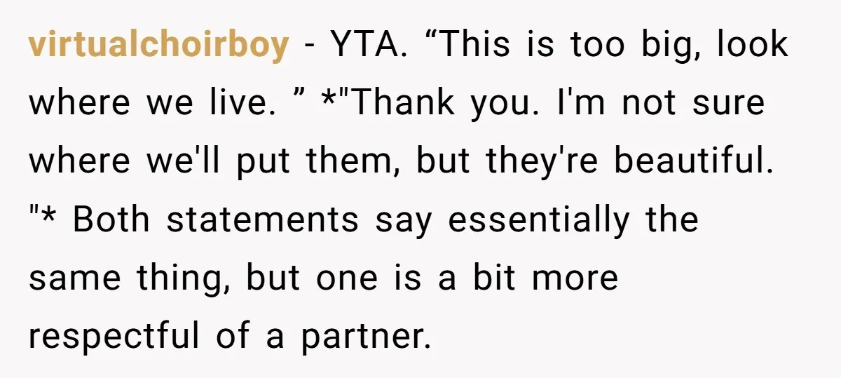 virtualchoirboy − YTA. “This is too big, look where we live. ” *"Thank you. I'm not sure where we'll put them, but they're beautiful. "* Both statements say essentially the...