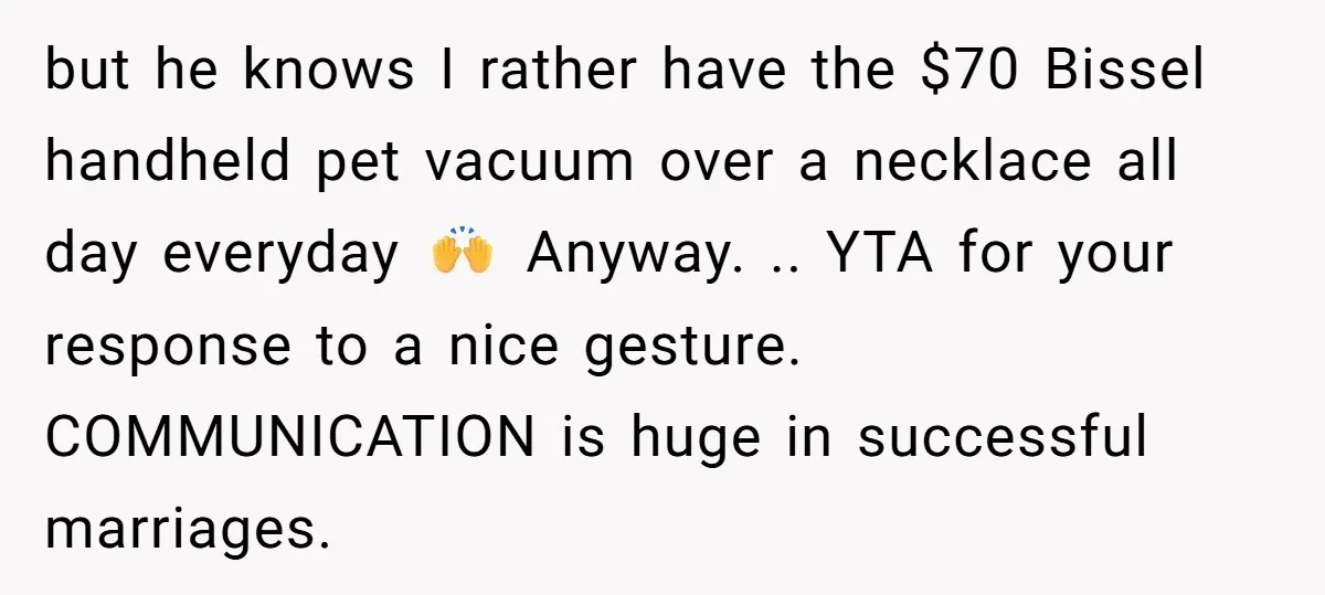 but he knows I rather have the $70 Bissel handheld pet vacuum over a necklace all day everyday 🙌 Anyway. .. YTA for your response to a nice gesture. COMMUNICATION...