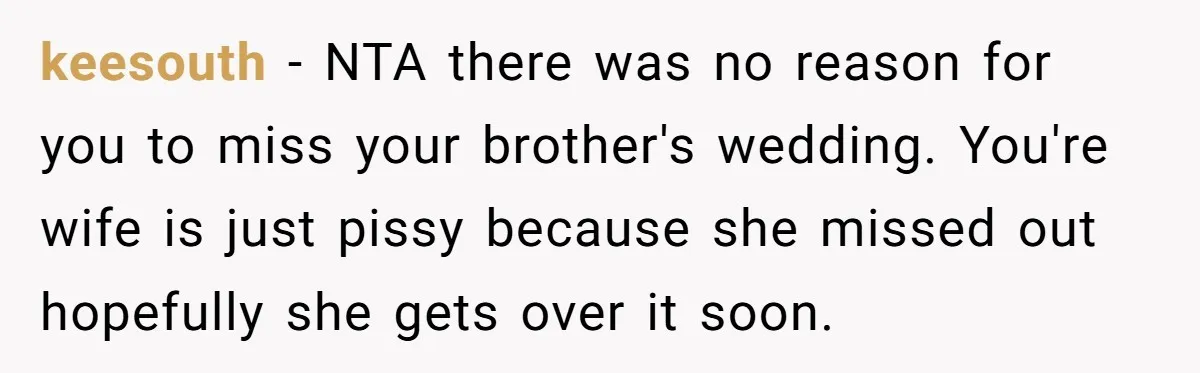 keesouth − NTA there was no reason for you to miss your brother's wedding. You're wife is just pissy because she missed out hopefully she gets over it soon.