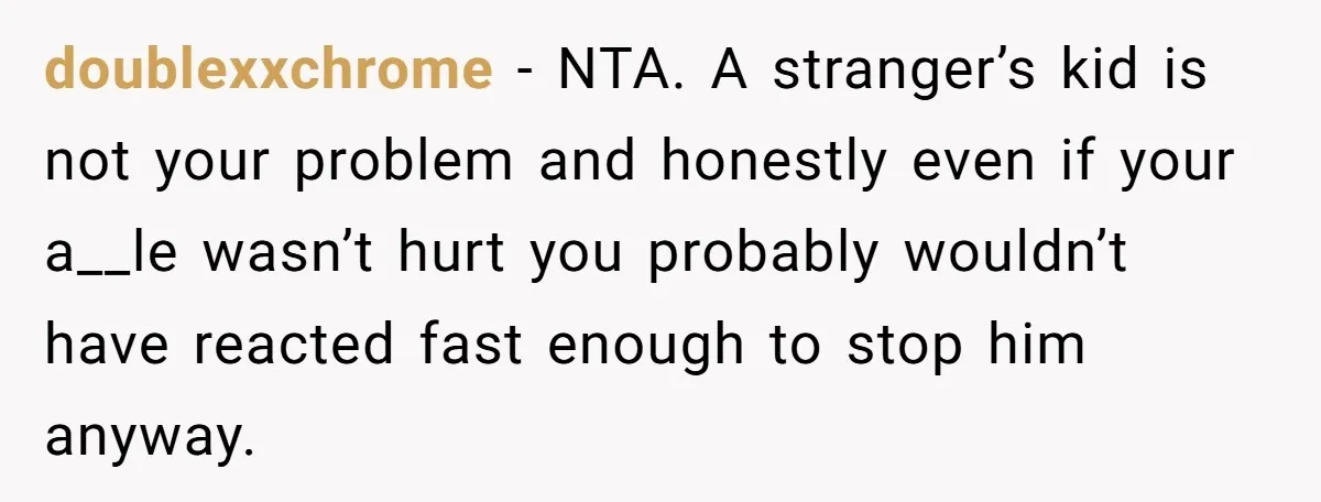 doublexxchrome − NTA. A stranger’s kid is not your problem and honestly even if your a__le wasn’t hurt you probably wouldn’t have reacted fast enough to stop him anyway.