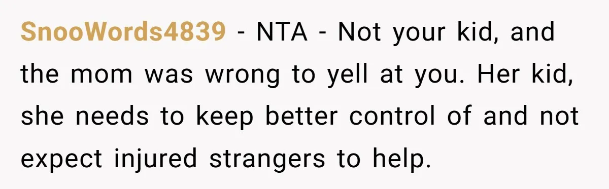 SnooWords4839 − NTA - Not your kid, and the mom was wrong to yell at you. Her kid, she needs to keep better control of and not expect injured strangers...