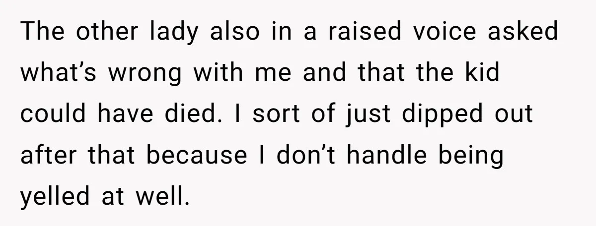 The other lady also in a raised voice asked what’s wrong with me and that the kid could have died. I sort of just dipped out after that because I...