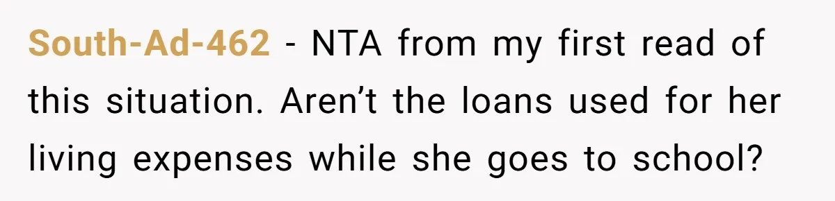 South-Ad-462 − NTA from my first read of this situation. Aren’t the loans used for her living expenses while she goes to school?