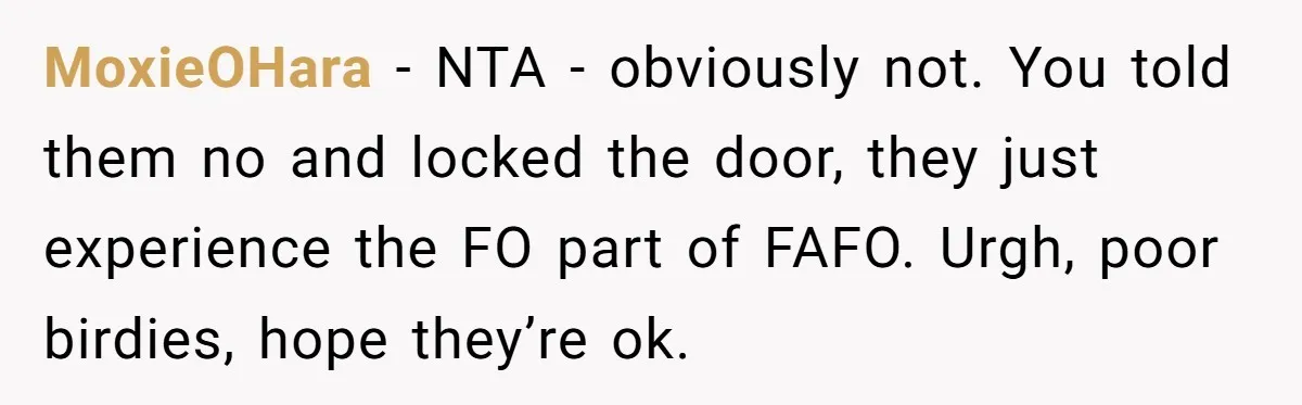 MoxieOHara − NTA - obviously not. You told them no and locked the door, they just experience the FO part of FAFO. Urgh, poor birdies, hope they’re ok.