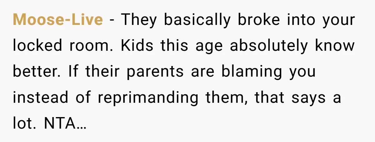 Moose-Live − They basically broke into your locked room. Kids this age absolutely know better. If their parents are blaming you instead of reprimanding them, that says a lot. NTA…