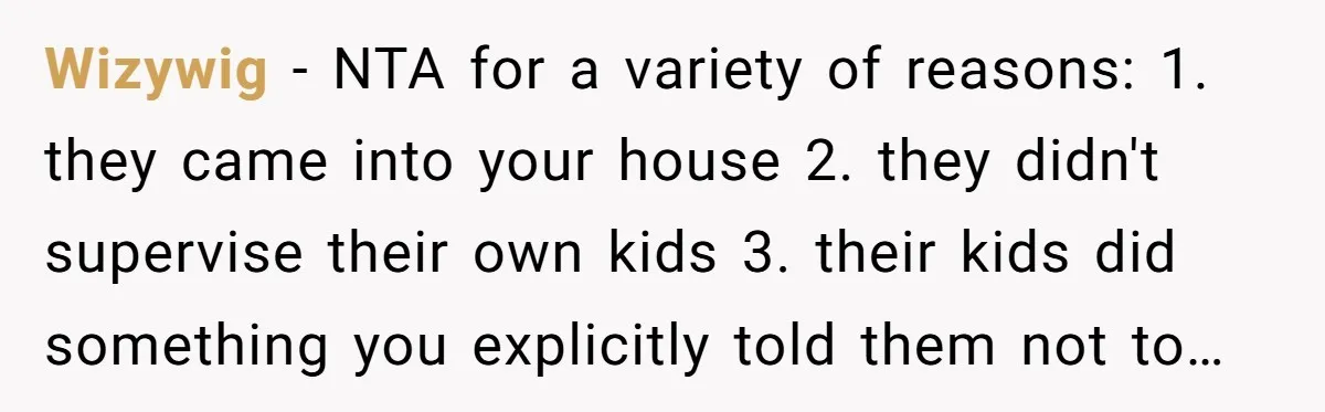 Wizywig − NTA for a variety of reasons: 1. they came into your house 2. they didn't supervise their own kids 3. their kids did something you explicitly told them...