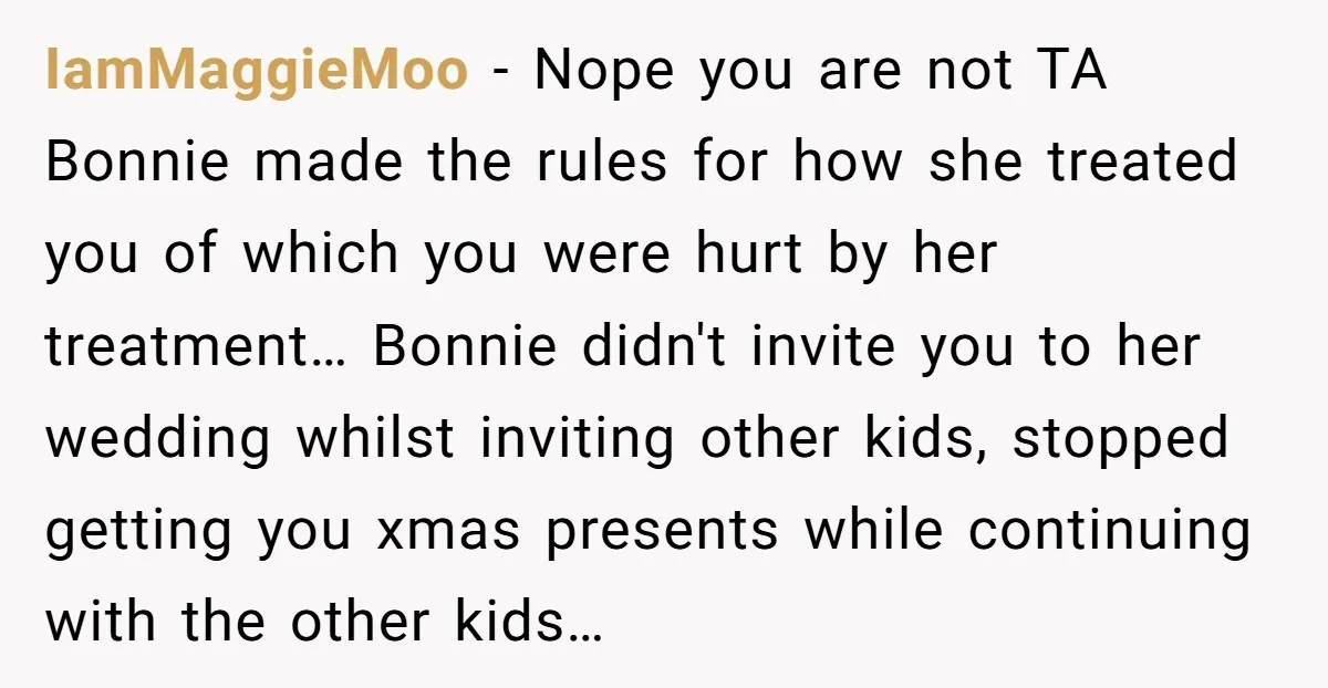 IamMaggieMoo − Nope you are not TA Bonnie made the rules for how she treated you of which you were hurt by her treatment… Bonnie didn't invite you to her...