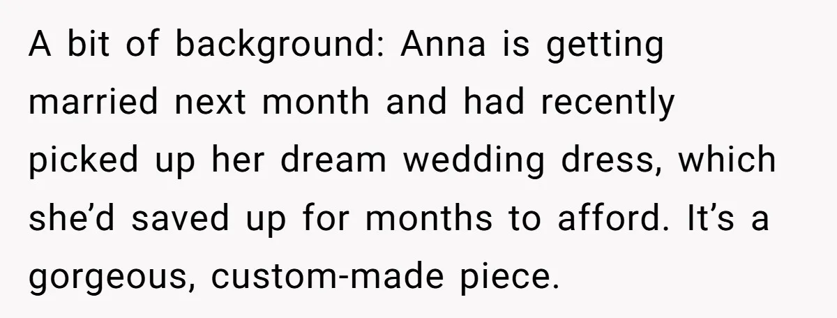 A bit of background: Anna is getting married next month and had recently picked up her dream wedding dress, which she’d saved up for months to afford. It’s a gorgeous,...