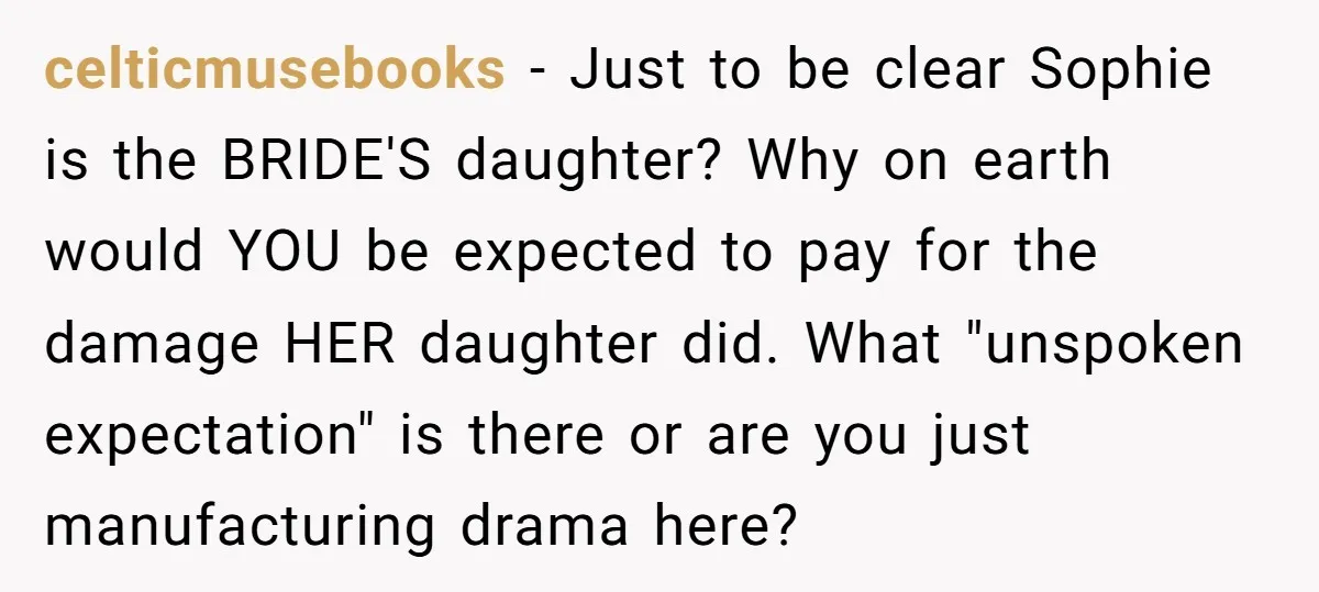 celticmusebooks − Just to be clear Sophie is the BRIDE'S daughter? Why on earth would YOU be expected to pay for the damage HER daughter did. What "unspoken expectation" is...