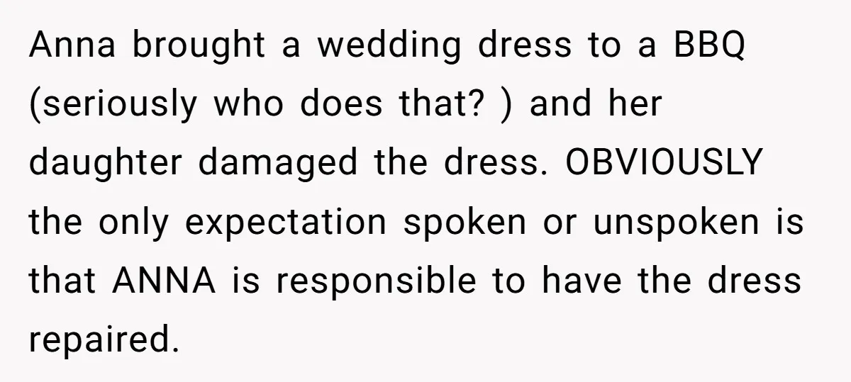 Anna brought a wedding dress to a BBQ (seriously who does that? ) and her daughter damaged the dress. OBVIOUSLY the only expectation spoken or unspoken is that ANNA is...