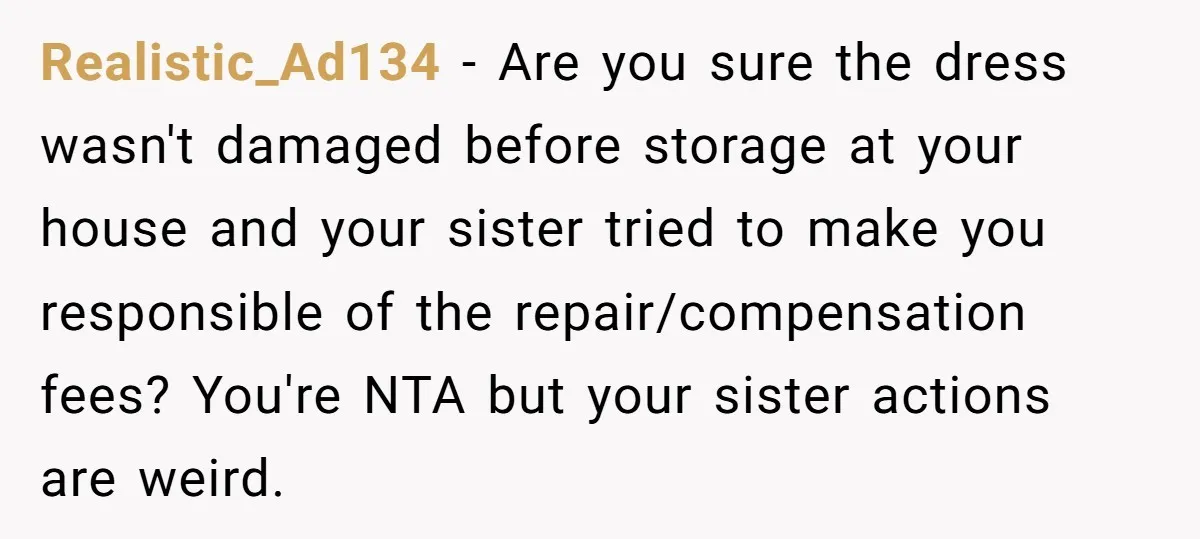Realistic_Ad134 − Are you sure the dress wasn't damaged before storage at your house and your sister tried to make you responsible of the repair/compensation fees? You're NTA but your...