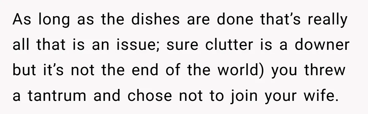 As long as the dishes are done that’s really all that is an issue; sure clutter is a downer but it’s not the end of the world) you threw a...