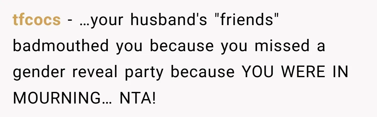 tfcocs − …your husband's "friends" badmouthed you because you missed a gender reveal party because YOU WERE IN MOURNING… NTA!