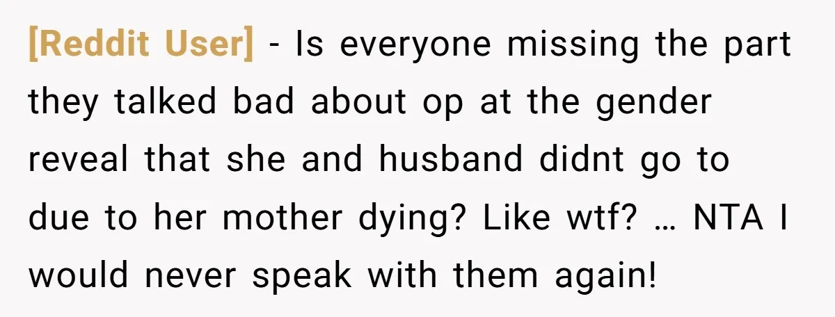[Reddit User] − Is everyone missing the part they talked bad about op at the gender reveal that she and husband didnt go to due to her mother dying? Like...
