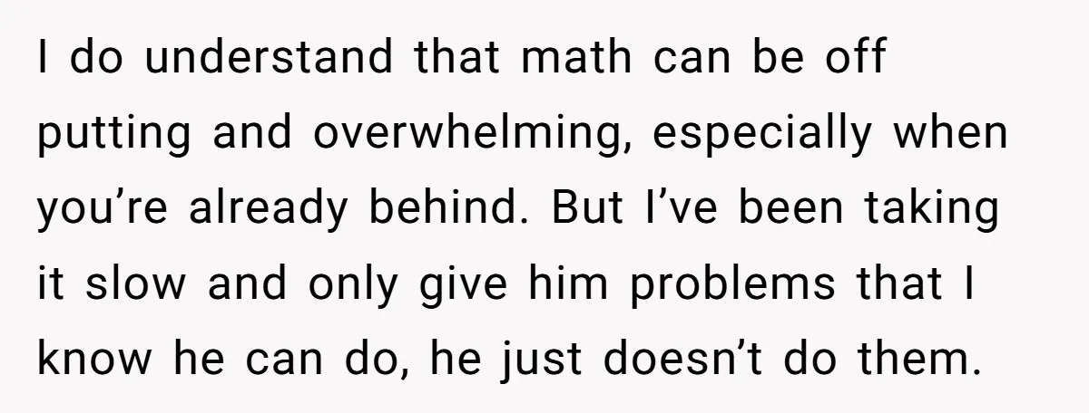 I do understand that math can be off putting and overwhelming, especially when you’re already behind. But I’ve been taking it slow and only give him problems that I know...