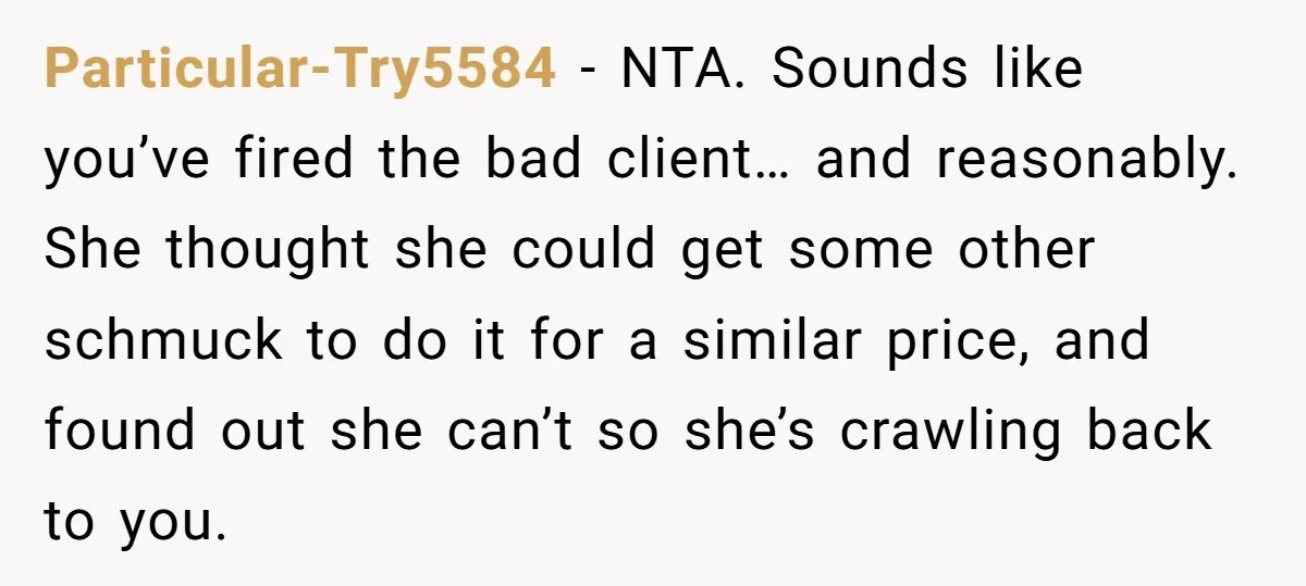 Particular-Try5584 − NTA. Sounds like you’ve fired the bad client… and reasonably. She thought she could get some other schmuck to do it for a similar price, and found out...
