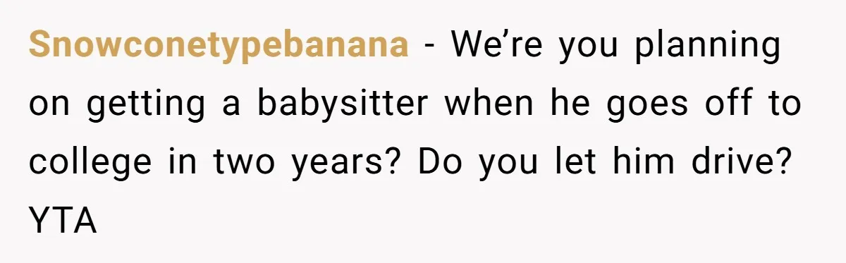 Snowconetypebanana − We’re you planning on getting a babysitter when he goes off to college in two years? Do you let him drive? YTA