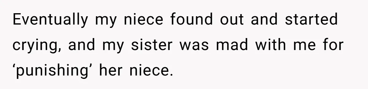 Eventually my niece found out and started crying, and my sister was mad with me for ‘punishing’ her niece.