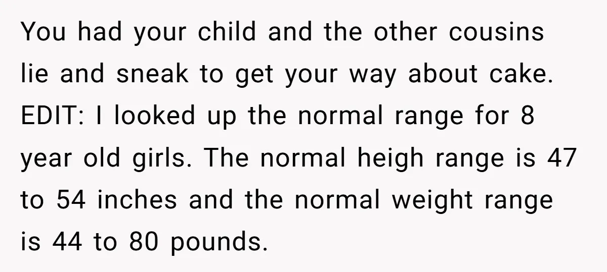 You had your child and the other cousins lie and sneak to get your way about cake. EDIT: I looked up the normal range for 8 year old girls. The...