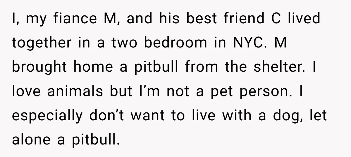 I, my fiance M, and his best friend C lived together in a two bedroom in NYC. M brought home a pitbull from the shelter. I love animals but I’m...