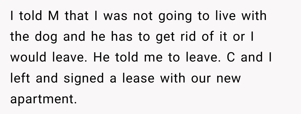 I told M that I was not going to live with the dog and he has to get rid of it or I would leave. He told me to leave....