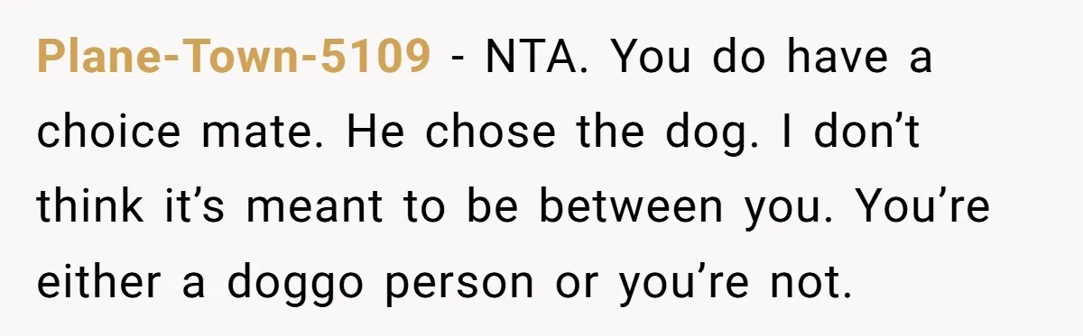 Plane-Town-5109 − NTA. You do have a choice mate. He chose the dog. I don’t think it’s meant to be between you. You’re either a doggo person or you’re not.