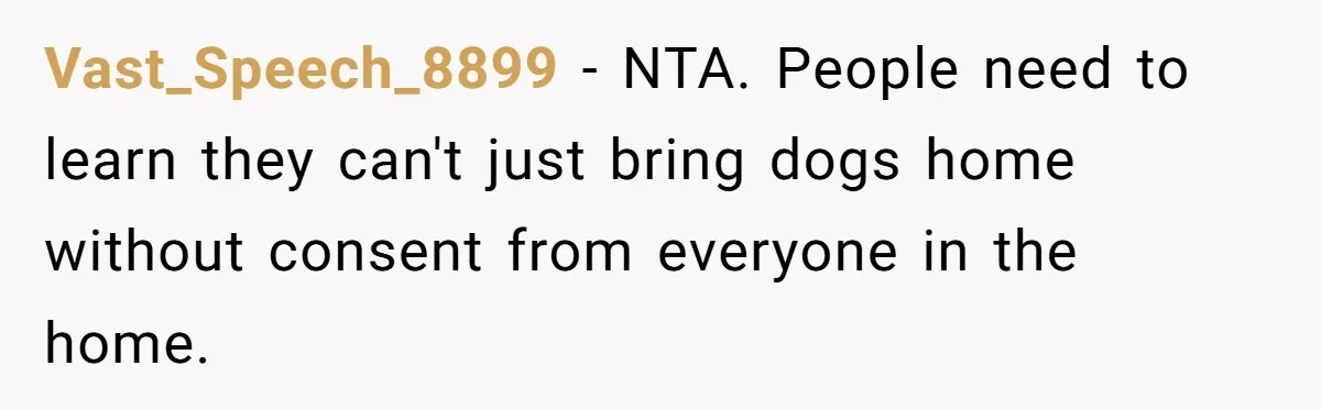 Vast_Speech_8899 − NTA. People need to learn they can't just bring dogs home without consent from everyone in the home.