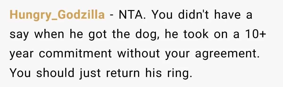 Hungry_Godzilla − NTA. You didn't have a say when he got the dog, he took on a 10+ year commitment without your agreement. You should just return his ring.
