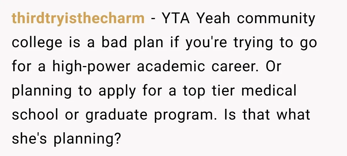 thirdtryisthecharm − YTA Yeah community college is a bad plan if you're trying to go for a high-power academic career. Or planning to apply for a top tier medical school...
