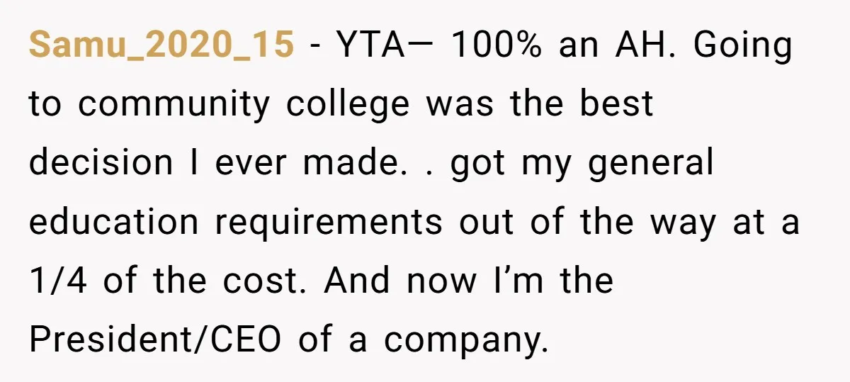 Samu_2020_15 − YTA— 100% an AH. Going to community college was the best decision I ever made. . got my general education requirements out of the way at a 1/4...