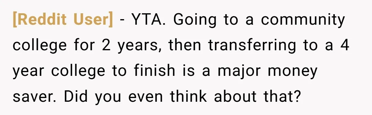 [Reddit User] − YTA. Going to a community college for 2 years, then transferring to a 4 year college to finish is a major money saver. Did you even think...