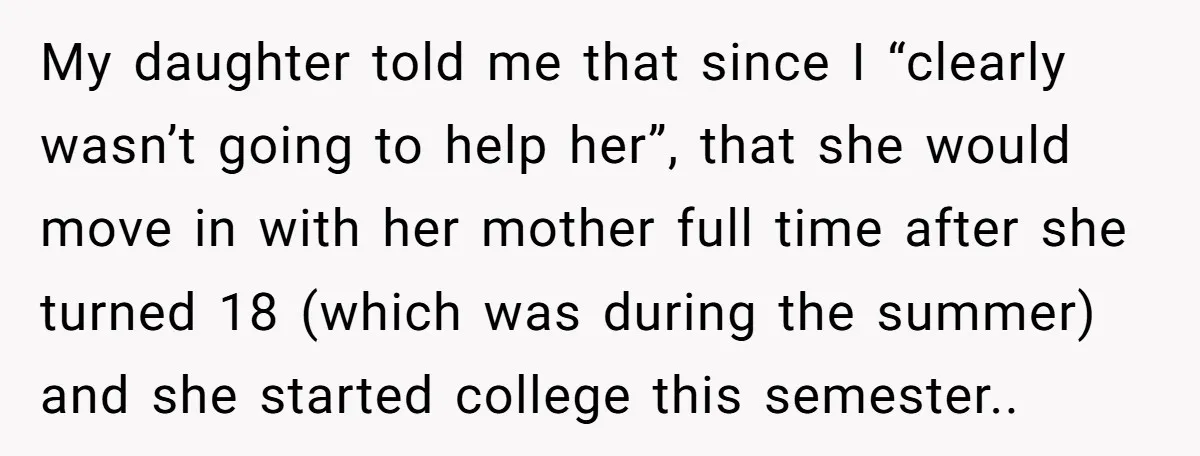My daughter told me that since I “clearly wasn’t going to help her”, that she would move in with her mother full time after she turned 18 (which was during...