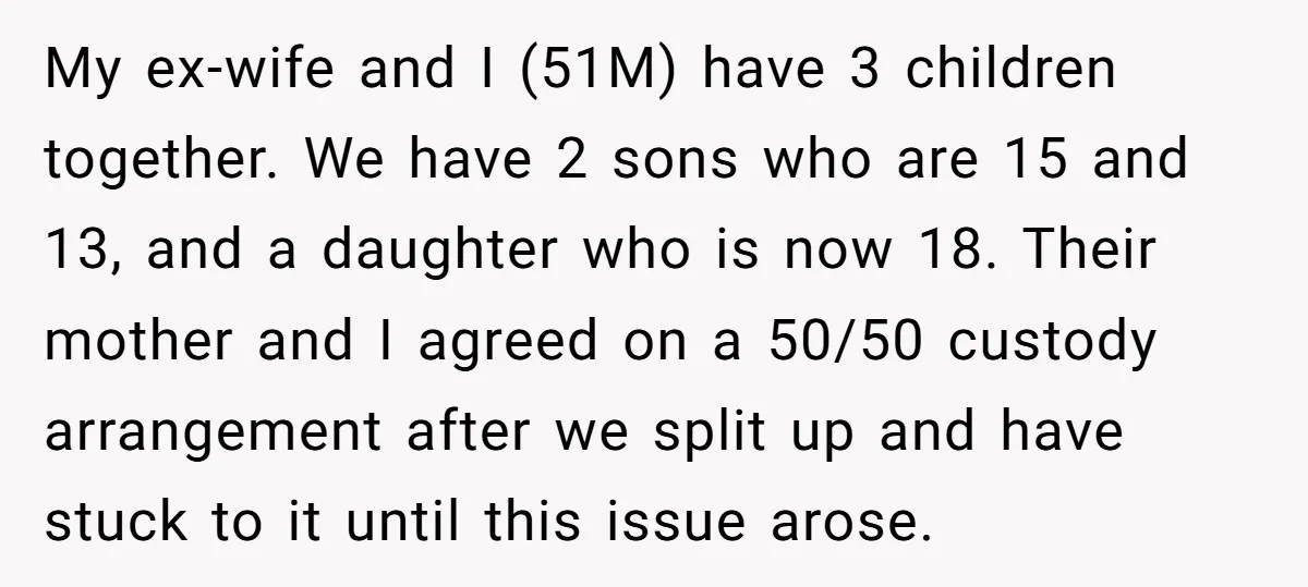 My ex-wife and I (51M) have 3 children together. We have 2 sons who are 15 and 13, and a daughter who is now 18. Their mother and I agreed...