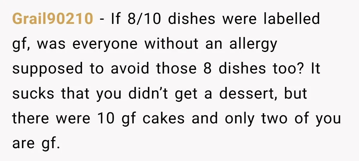 Grail90210 − If 8/10 dishes were labelled gf, was everyone without an allergy supposed to avoid those 8 dishes too? It sucks that you didn’t get a dessert, but there...