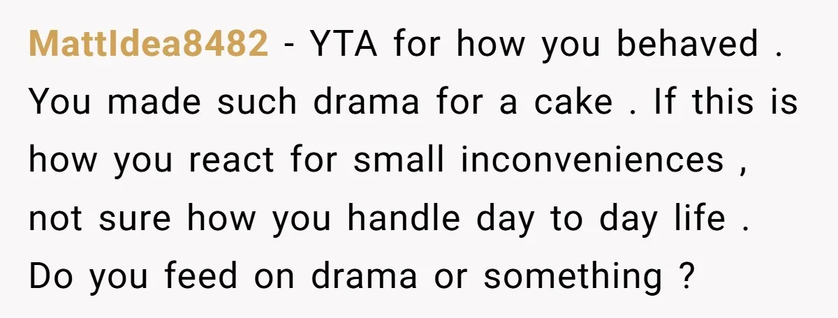 MattIdea8482 − YTA for how you behaved . You made such drama for a cake . If this is how you react for small inconveniences , not sure how you...