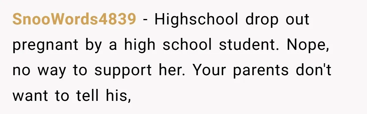 SnooWords4839 − Highschool drop out pregnant by a high school student. Nope, no way to support her. Your parents don't want to tell his,