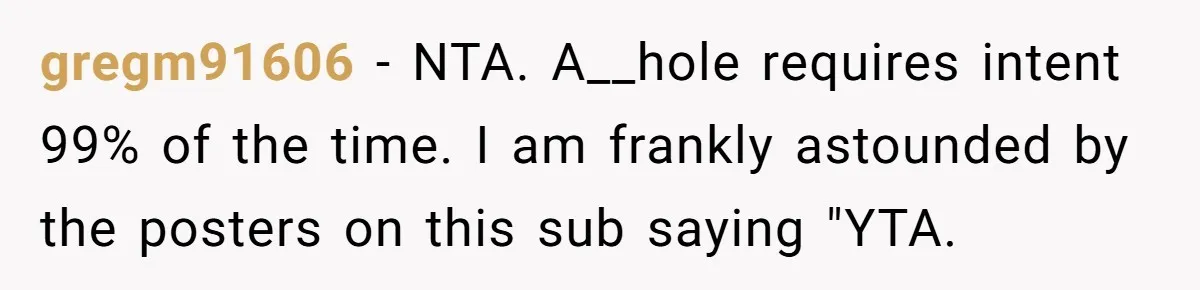 gregm91606 − NTA. A__hole requires intent 99% of the time. I am frankly astounded by the posters on this sub saying "YTA.