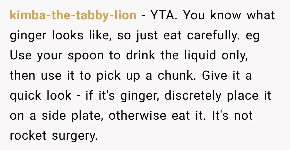 kimba-the-tabby-lion − YTA. You know what ginger looks like, so just eat carefully. eg Use your spoon to drink the liquid only, then use it to pick up a chunk....