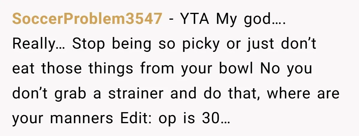 SoccerProblem3547 − YTA My god…. Really… Stop being so picky or just don’t eat those things from your bowl No you don’t grab a strainer and do that, where are...