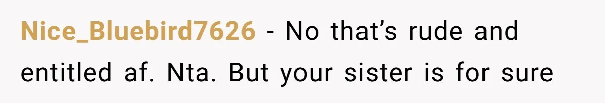 Nice_Bluebird7626 − No that’s rude and entitled af. Nta. But your sister is for sure