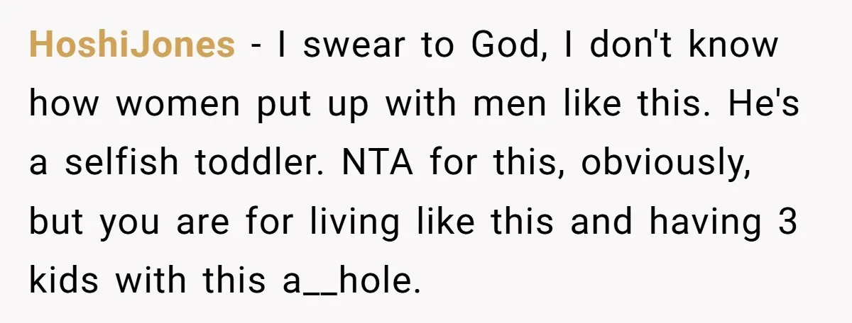HoshiJones − I swear to God, I don't know how women put up with men like this. He's a selfish toddler. NTA for this, obviously, but you are for living...