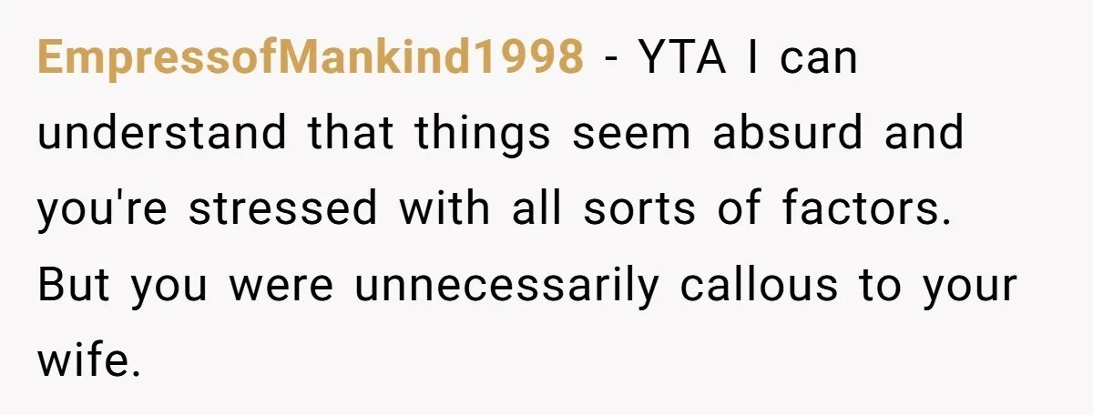 EmpressofMankind1998 − YTA I can understand that things seem absurd and you're stressed with all sorts of factors. But you were unnecessarily callous to your wife.