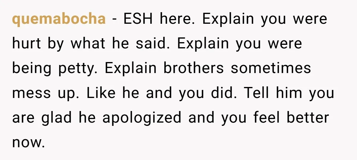 quemabocha − ESH here. Explain you were hurt by what he said. Explain you were being petty. Explain brothers sometimes mess up. Like he and you did. Tell him you...