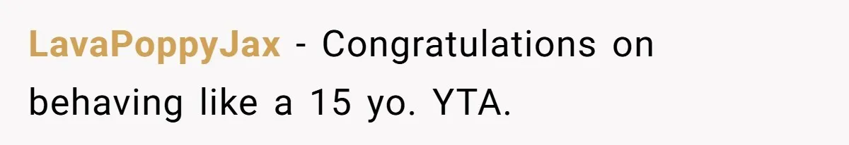 LavaPoppyJax − Congratulations on behaving like a 15 yo. YTA.