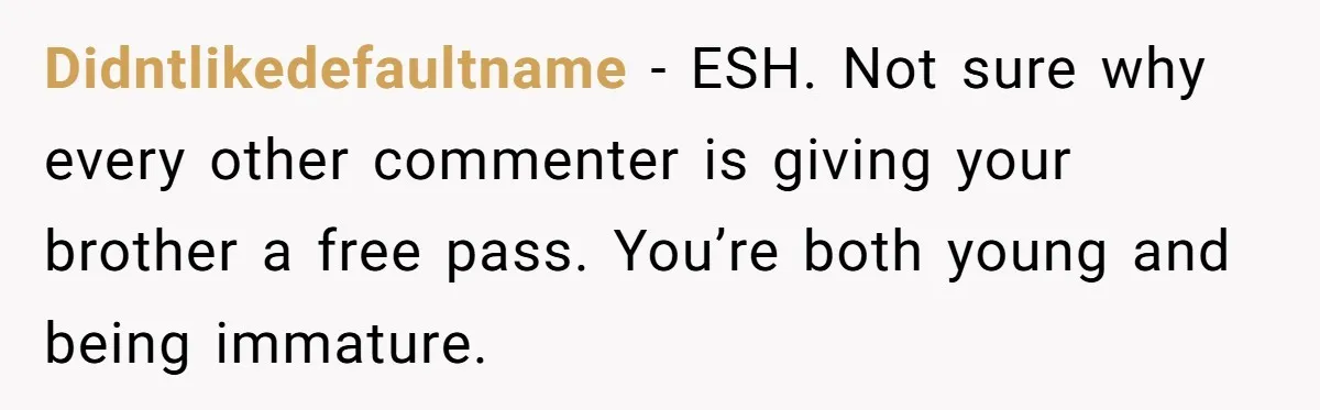 Didntlikedefaultname − ESH. Not sure why every other commenter is giving your brother a free pass. You’re both young and being immature.
