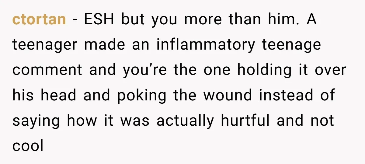ctortan − ESH but you more than him. A teenager made an inflammatory teenage comment and you’re the one holding it over his head and poking the wound instead of...